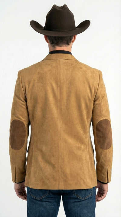 Men’s Camel Suede Cowboy Blazer with Elbow Patch – Camel Western Style Suede Sport Coat for Casual