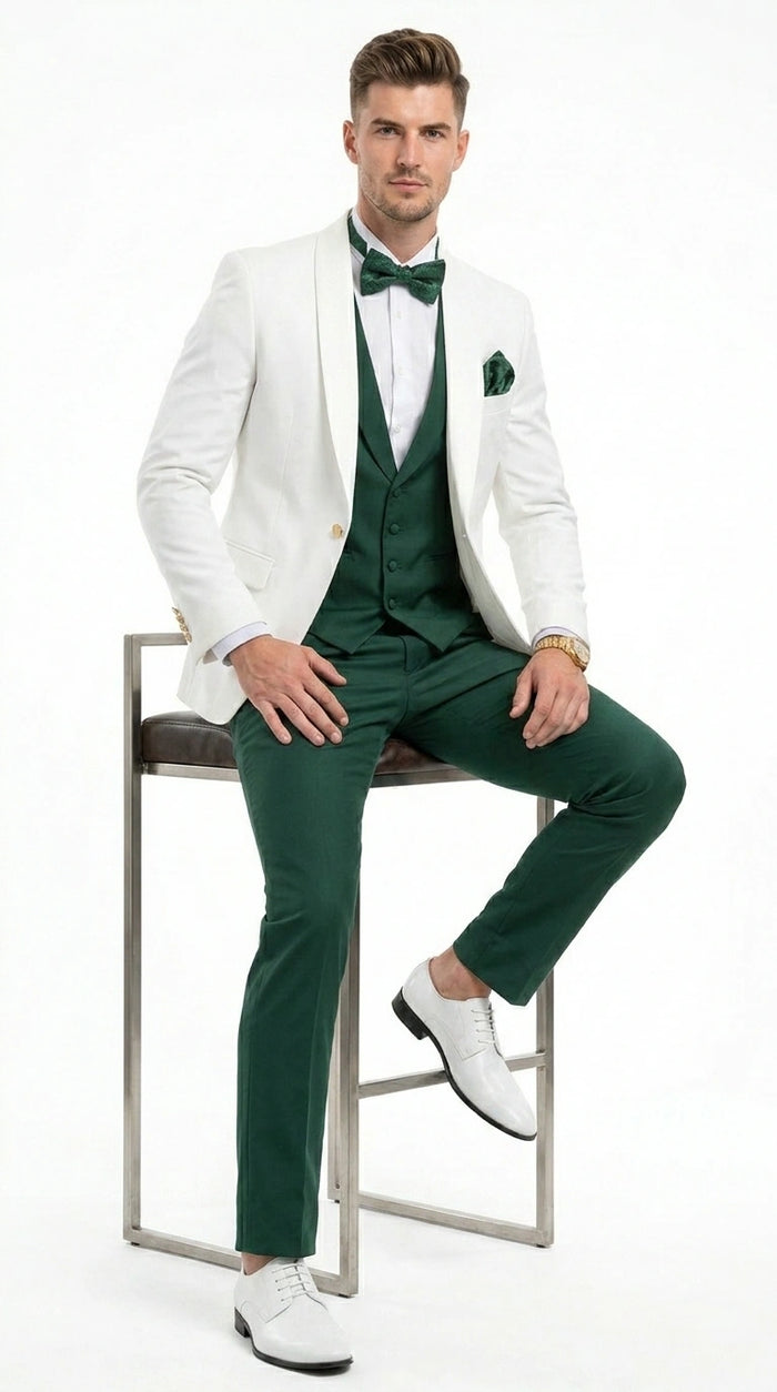 Men’s White and Hunter Green 3 Piece Suit – Elegant Formal Suit with Vest, Wedding Tuxedo Suit for Prom and Party Wear