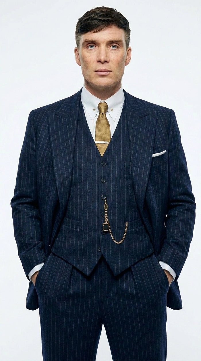 Men’s Navy Blue Pinstripe 3 Piece Suit, Thomas Shelby Inspired Vintage Formal Suit for Weddings, Parties, Prom, and Special Events