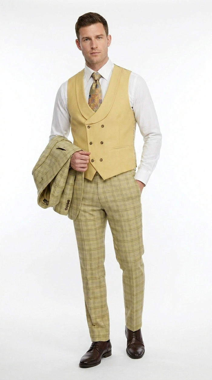 Vitali Men’s Sage Beige Tan Plaid 3 Piece Suit, Check Pattern Formal Dress Suit for Weddings, Prom, Business Events, Modern Fit Light Yellow Color