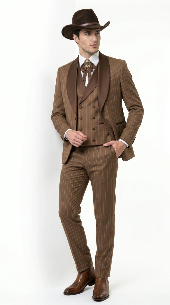 Men’s Brown Pinstripe Western Cowboy Tuxedo, Contrast Shawl Lapel Formal Suit for Weddings, Prom, Parties, and Special Occasions