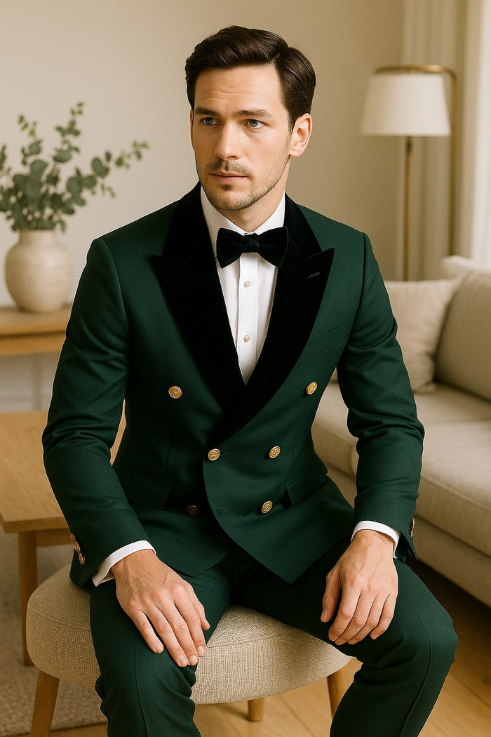 Green Double-Breasted Tuxedo with Velvet Lapel