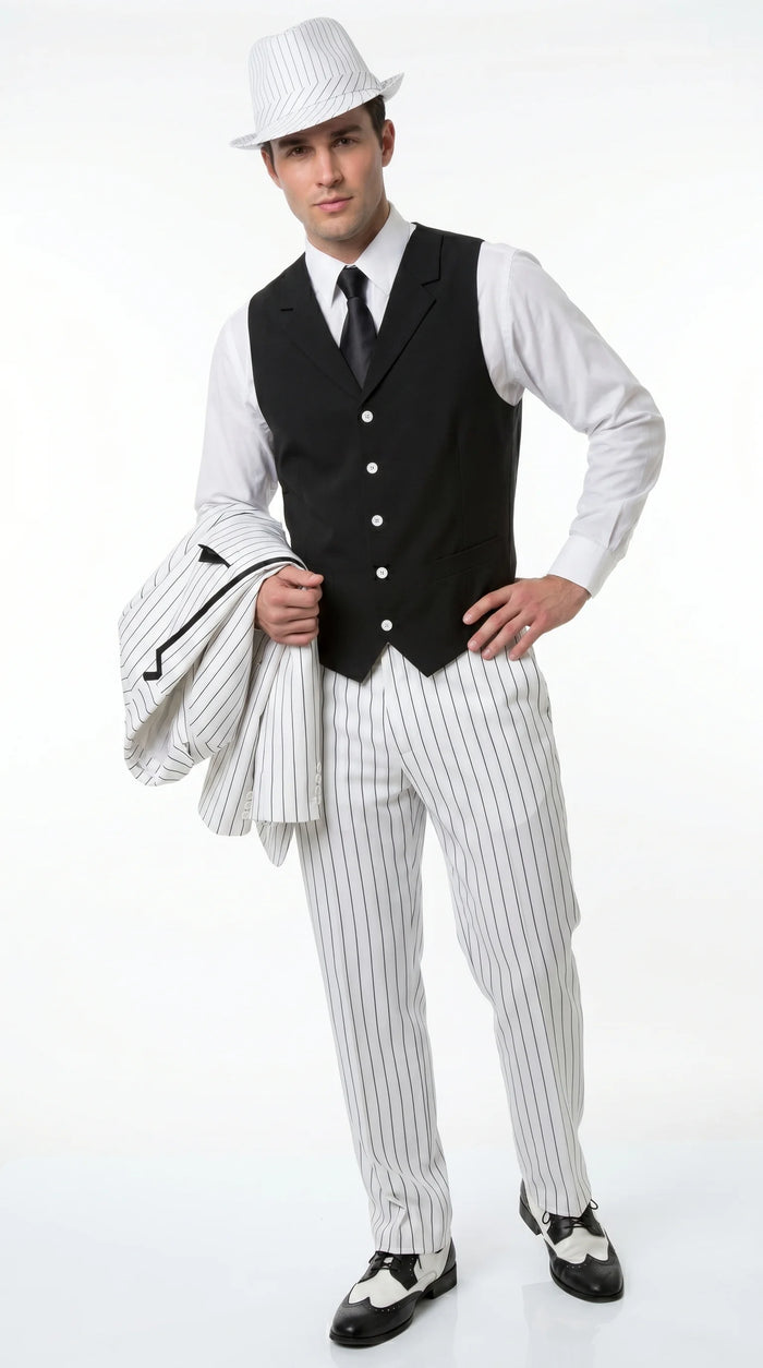 Men’s White Pinstripe 1920s Gangster 3 Piece Suit, Black Contrast Formal Costume Suit for Parties, Prom, Weddings, and Theme Events