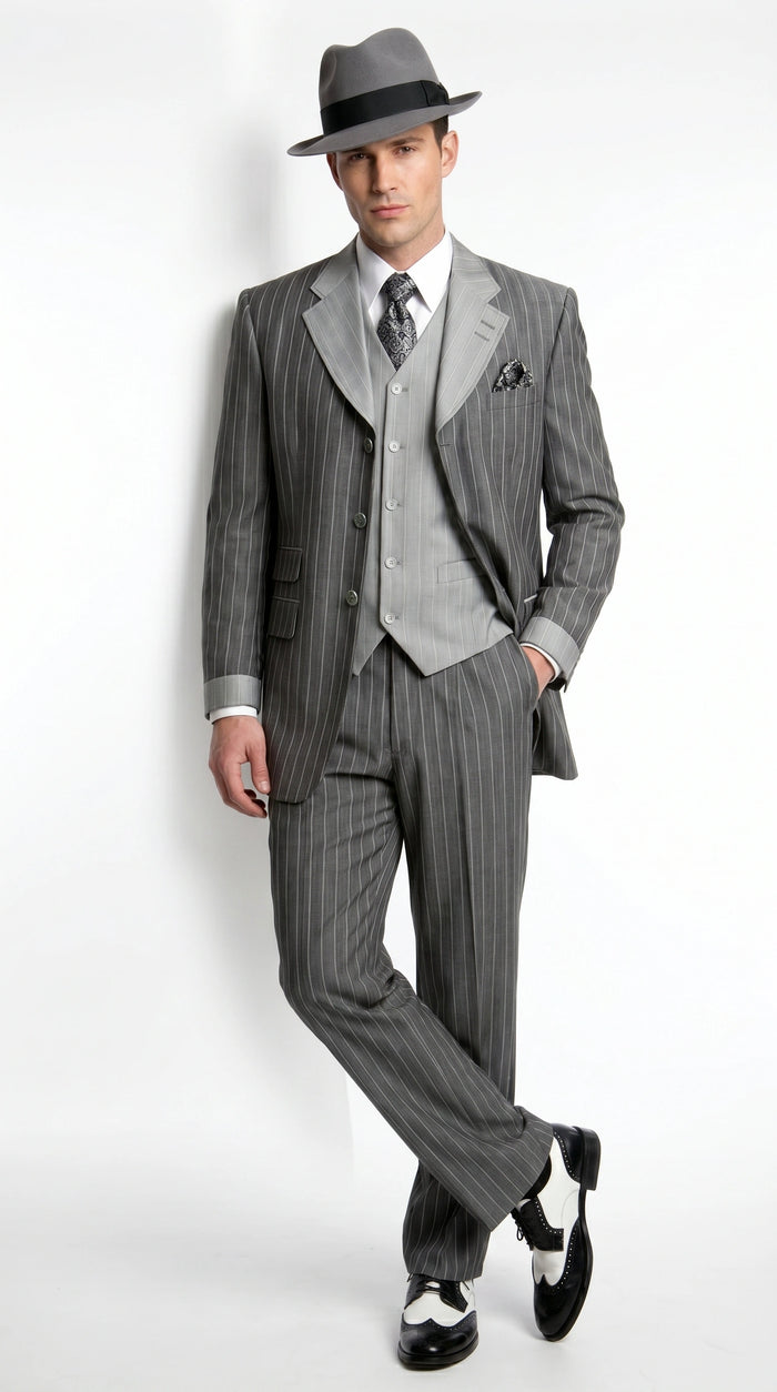 Men’s Grey Pinstripe 1920s Gangster 3 Piece Suit, Contrast Lapel Vintage Formal Suit for Parties, Prom, Weddings, and Theme Events