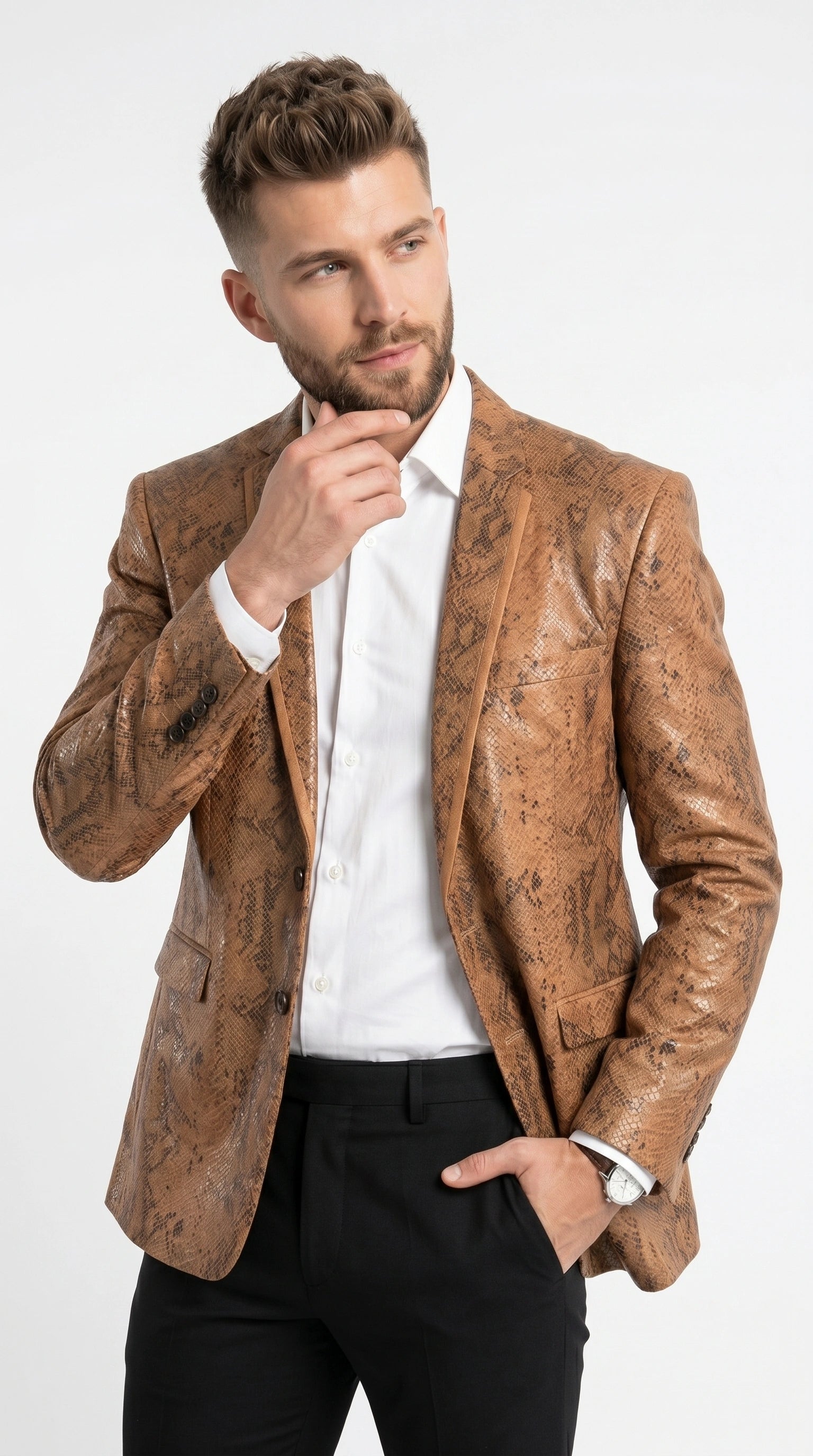 Men’s Tan Snakeskin Print Blazer, Brown Sport Coat Camel Alligator Crocodile Animal Print leopard Jacket