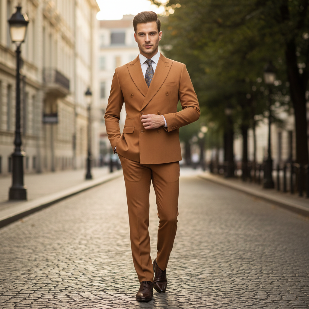 Men’s Vitali Brand Rustish Orange Brown Copper Color Double Breasted Slim Fit Suit