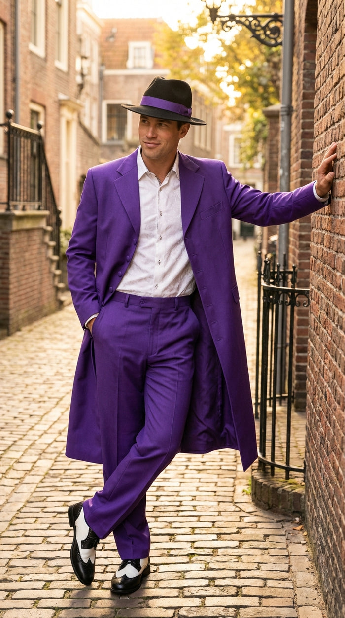 Purple Zoot Suit for Men | Classic Mafia & Gangster Style Long Coat Suit | Vintage 1920s–1940s Formal Outfit
