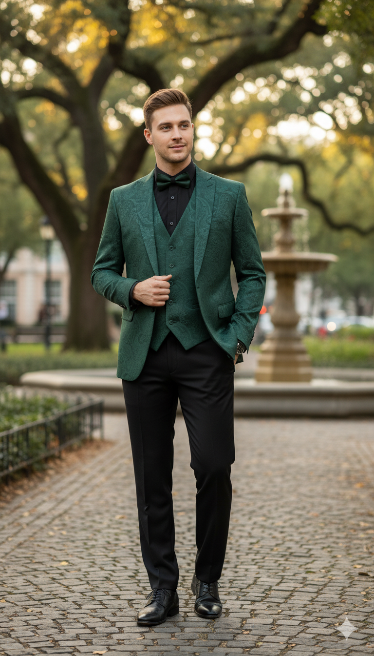 Emerald Green Paisley 3-Piece Slim Tuxedo Set