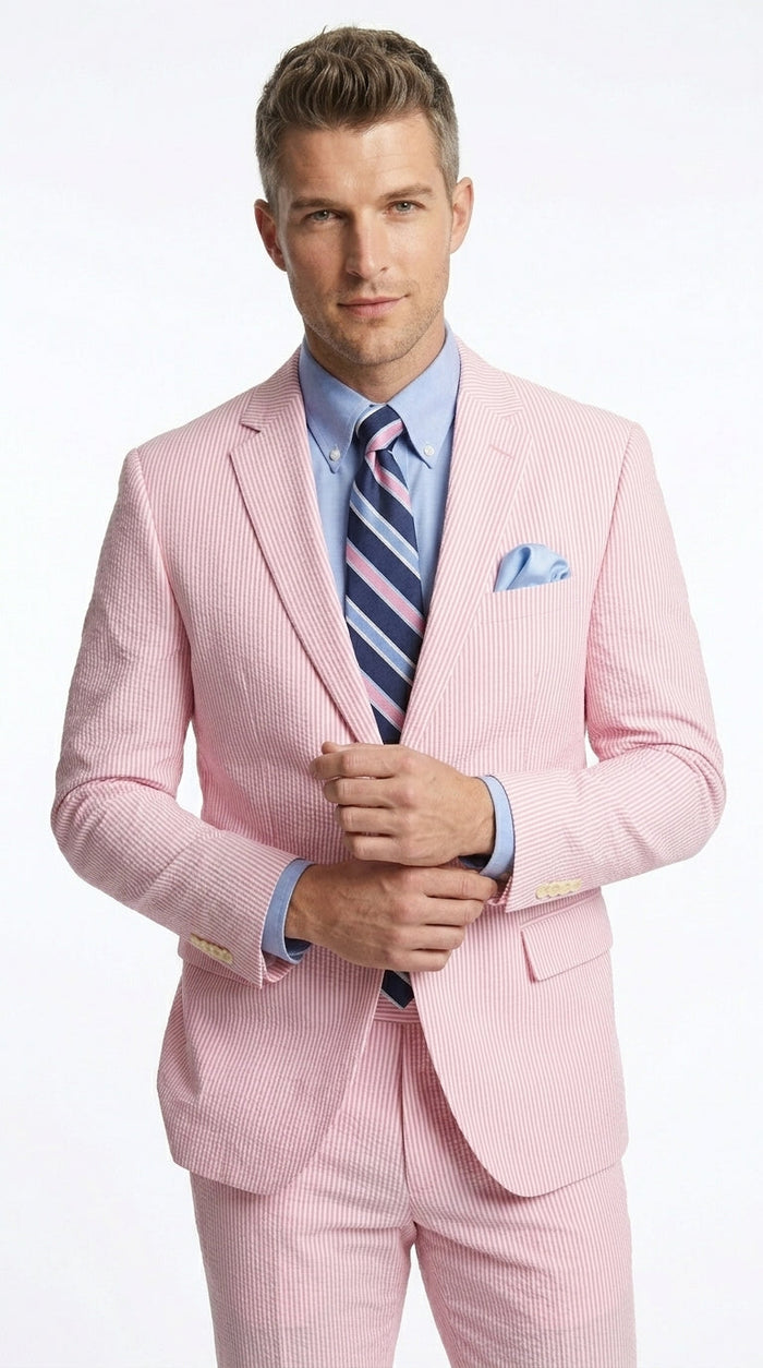 Men’s Pink Seersucker 2 Piece Suit, Lightweight Summer Dress Suit for Weddings, Prom, Parties, and Special Occasions
