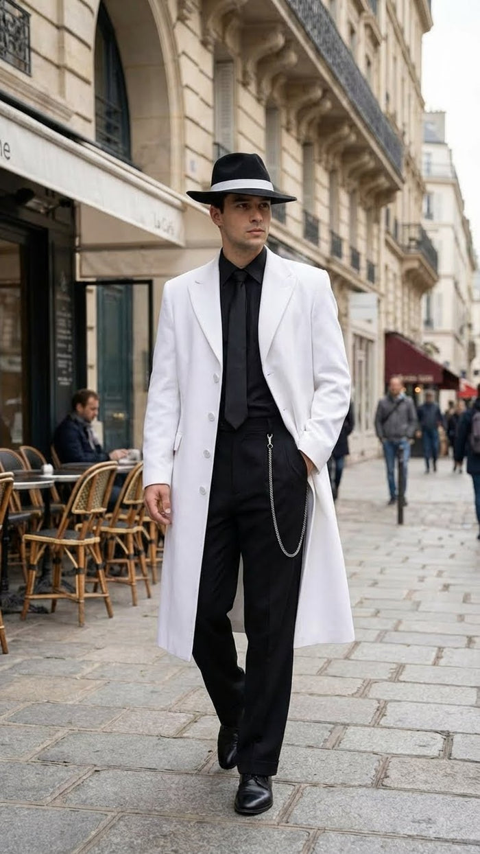 Men’s White Long Zoot Style Suit  | Vintage Gangster Mafia Formal Coat with Black Pants