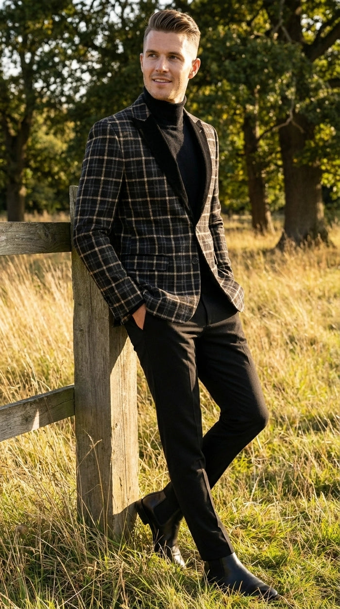 Mens Tartan Black and Gold Check Blazer – Windowpane Plaid Sport Coat Velvet Lapel Formal Party Jacket Chirsitmas New Year Holiday Jacket