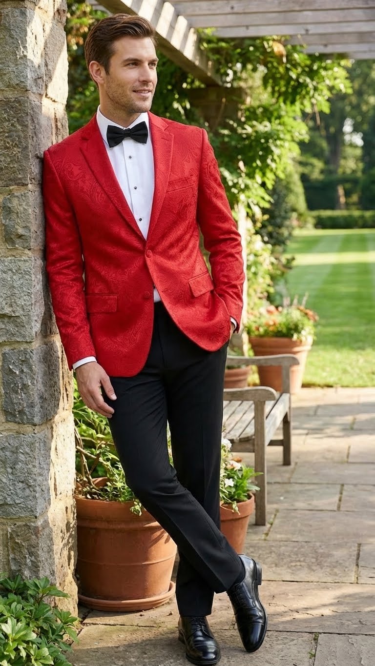white christmas dresses Men's Red Paisley Velvet Blazer