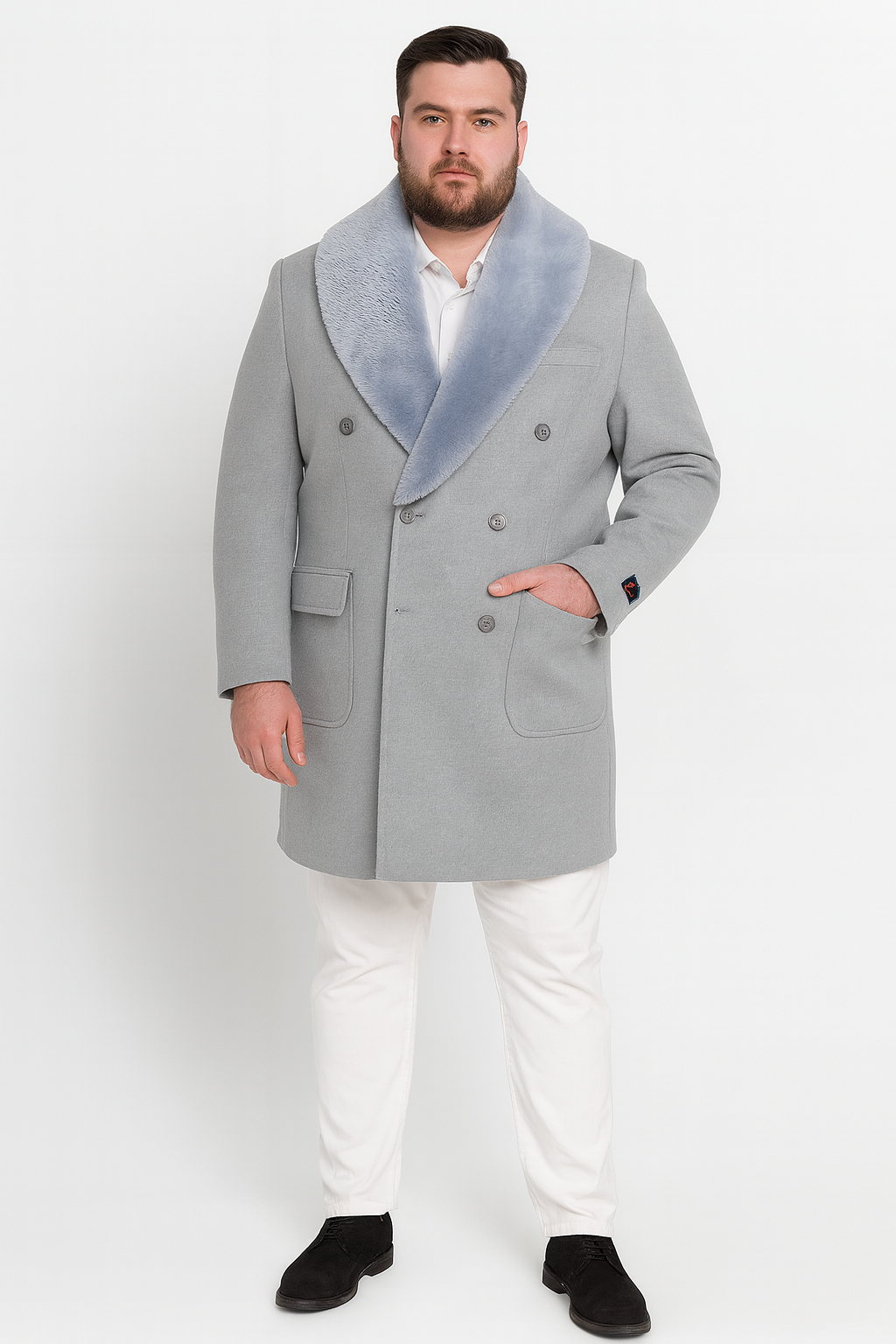 Grey Double Breasted Overcoat with Faux Fur Collar