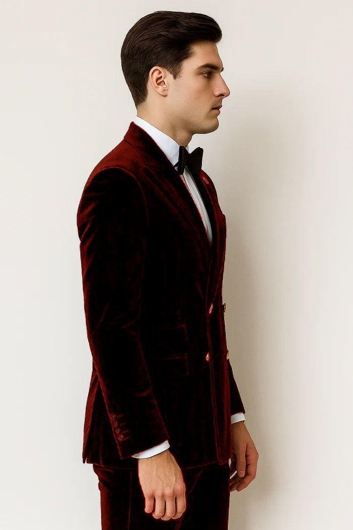 Mens Velvet Suit - Slim Fit Double Breasted Suit Blazer and Pants - Green