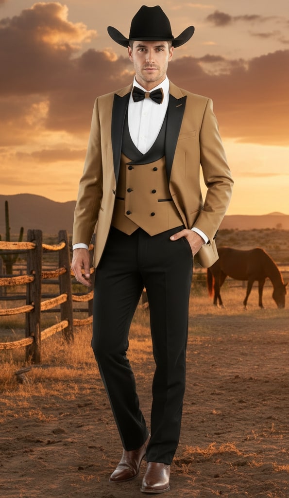 Men's Western Cowboy Tuxedo - 3-Piece Tan & Black Suit