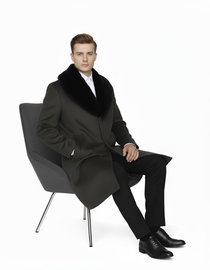 Men’s Olive Overcoat with Black Fur Collar