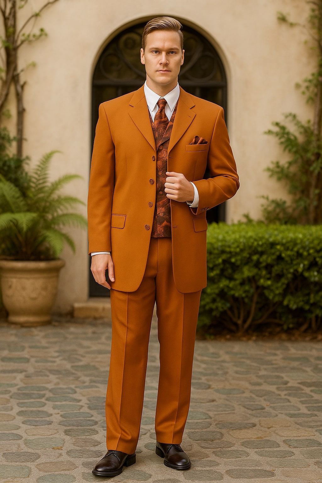 Mens Rust 3-Piece Fashion Suit – Notch Lapel with Paisley Vest, Tie and Pocket Square - Zoot Suit