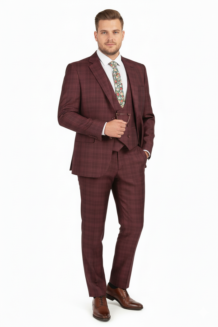 Burgundy Windowpane Classic Fit 3-Piece Suit