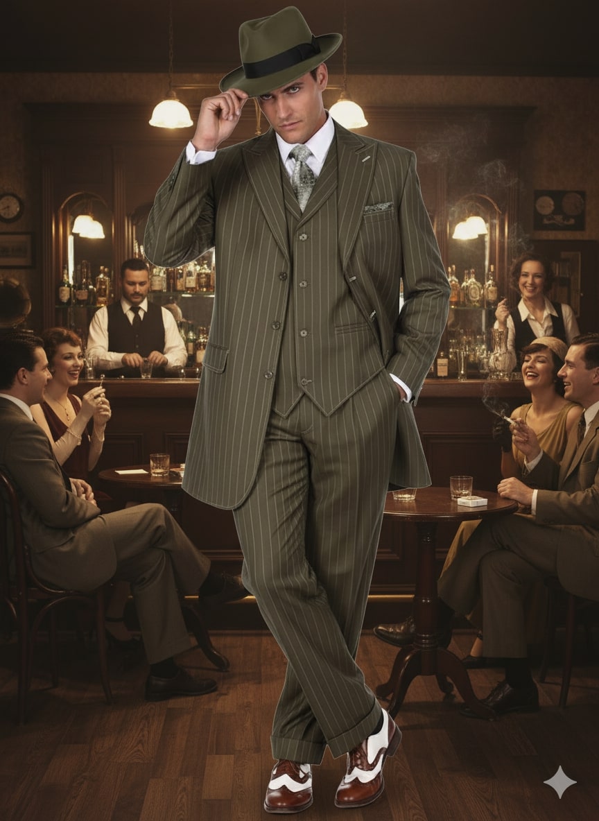 Men's Olive Green 1920s Pinstripe Zoot Suit