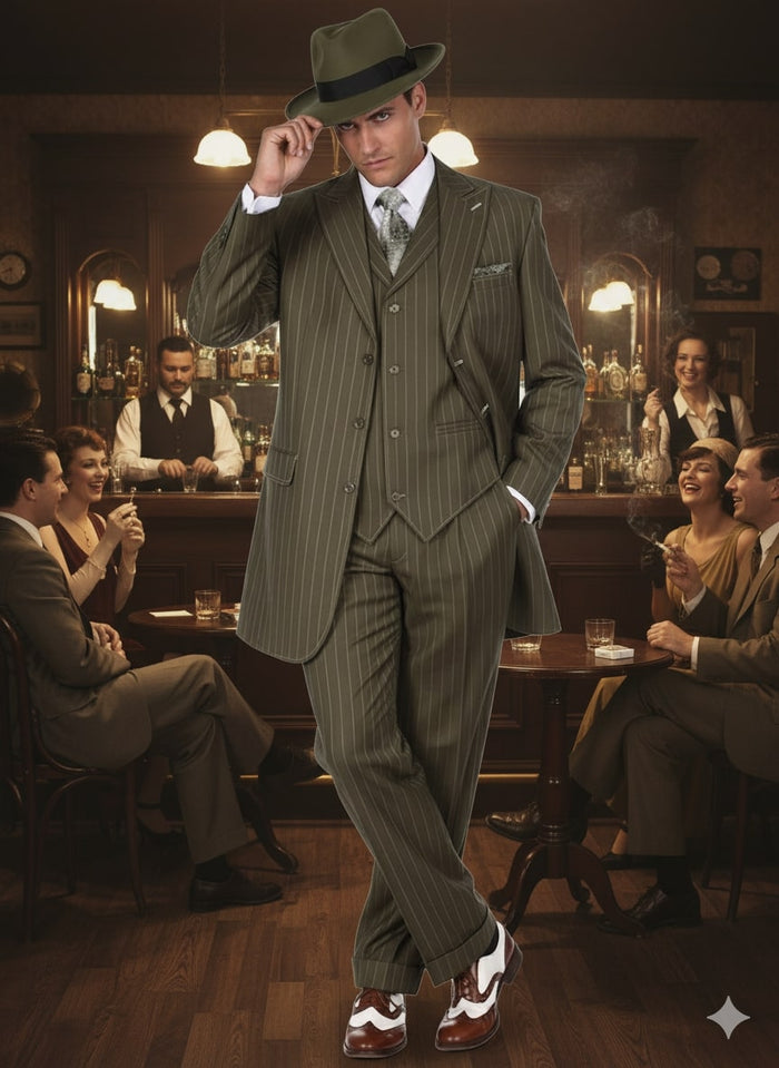 Men's Olive Green 1920s Pinstripe Zoot Suit