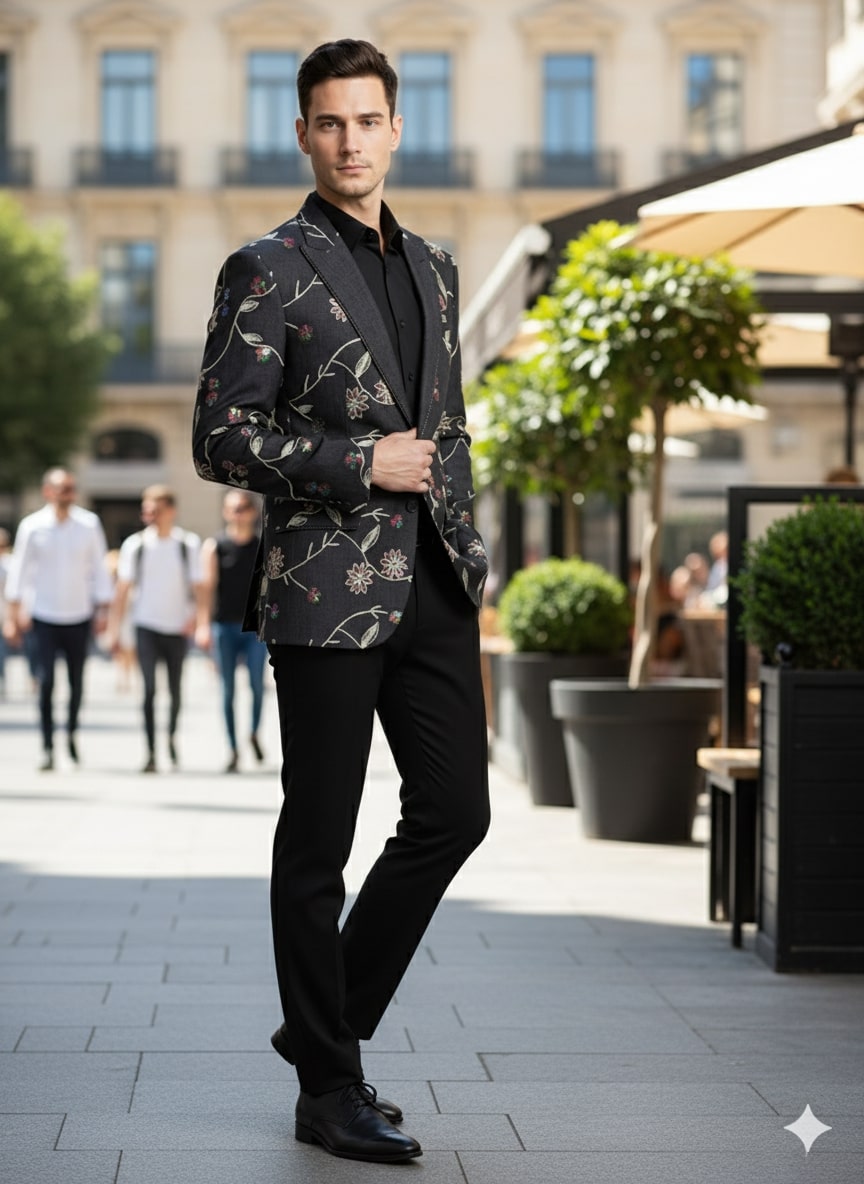 Black Floral Embroidered Designer Men's Blazer