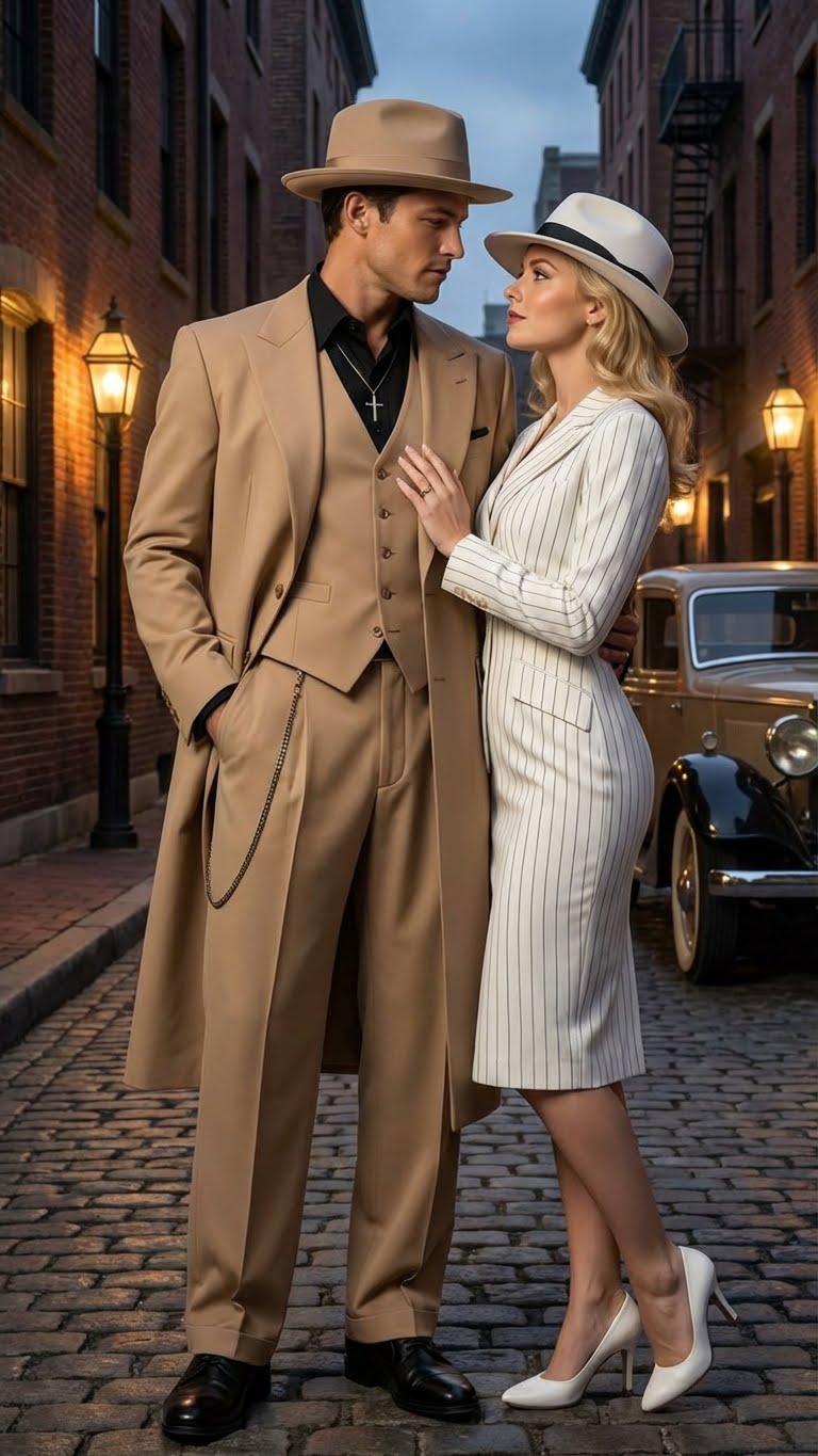 Men's 1920s Beige Zoot Suit – Long Mafia Gangster Three-Piece Suit in