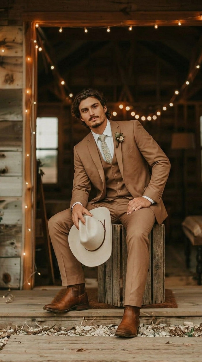 Mens Camel Brown Copper Western 3 Piece Suit – Classic Country Style Blazer Vest Pants Set, Formal Cowboy Suit Outfit