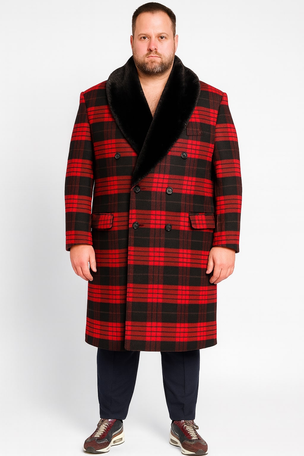 Tartan Christmas New Year Holiday Mens Red and Black Plaid Wool Overcoat with Black Faux Fur Shawl Collar – Double-Breasted Winter Coat - Tartan Design