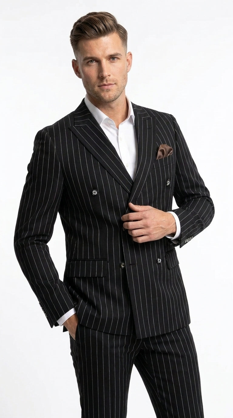 Men's Black Pinstripe Tuxedo Suit – Classic  and 1920s Gangster Formal Wear Vintage 1940s 1930s Look