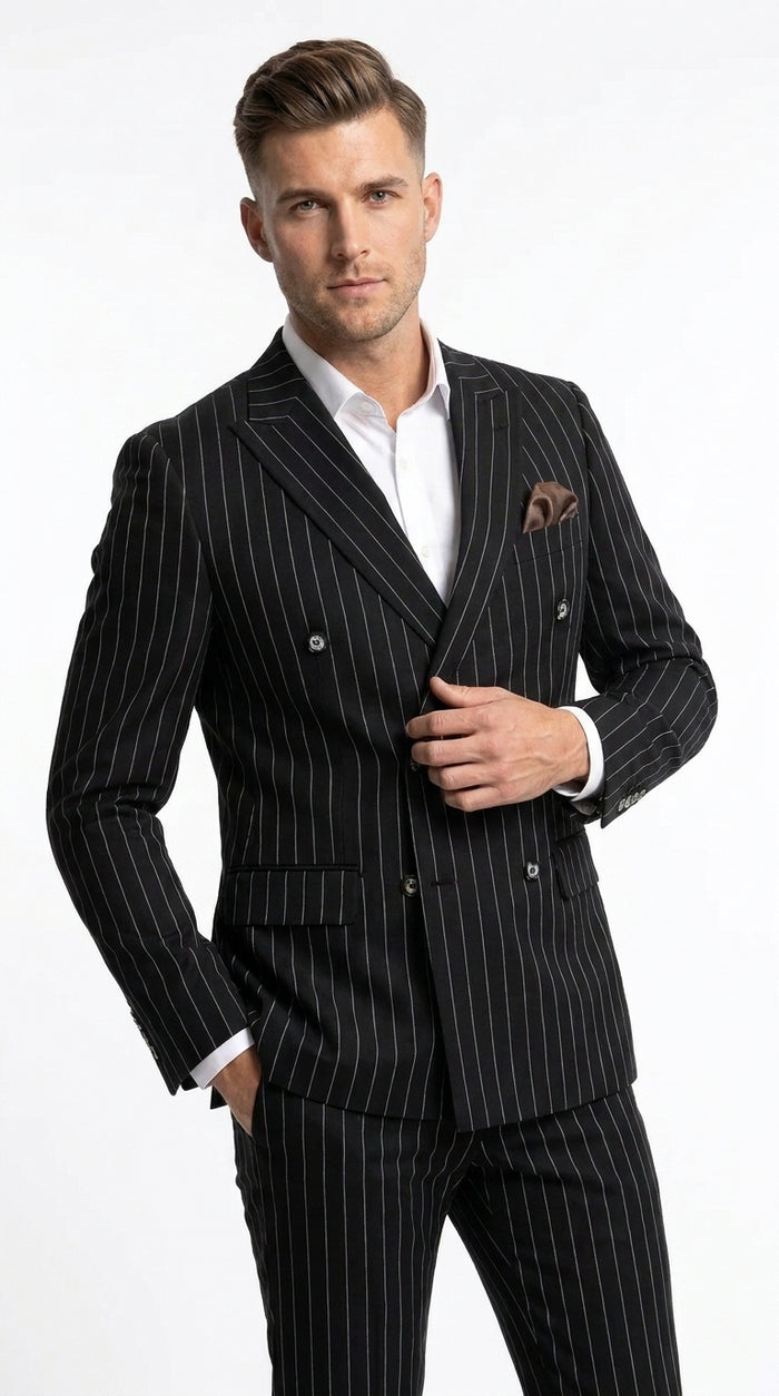 Men's Black Pinstripe Tuxedo Suit – Classic  and 1920s Gangster Formal Wear Vintage 1940s 1930s Look