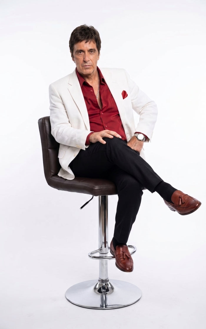 Tony Montana’s White Blazer Red Shirt Black Pants – Men’s White Blazer Outfit with Red Shirt and Black Trousers for Party, Wedding and Vintage Style Wear