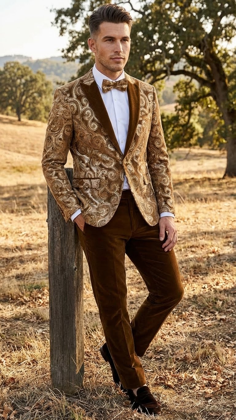 Men’s Goldish Light brown Tuxedo dinner Jacket Embroidered Blazer – Velvet Jacket for Formal Paisley Pattern Coffee Mocca Color