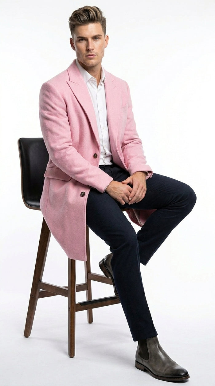 Men’s Light Pink Fashion Overcoat with Notch Lapel, Dress Car Coat for Formal and Casual Wear