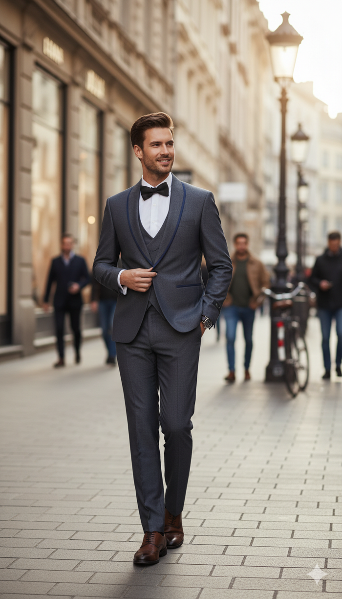 Charcoal Gray Slim Fit Suit with Blue Trim - 3 Piece