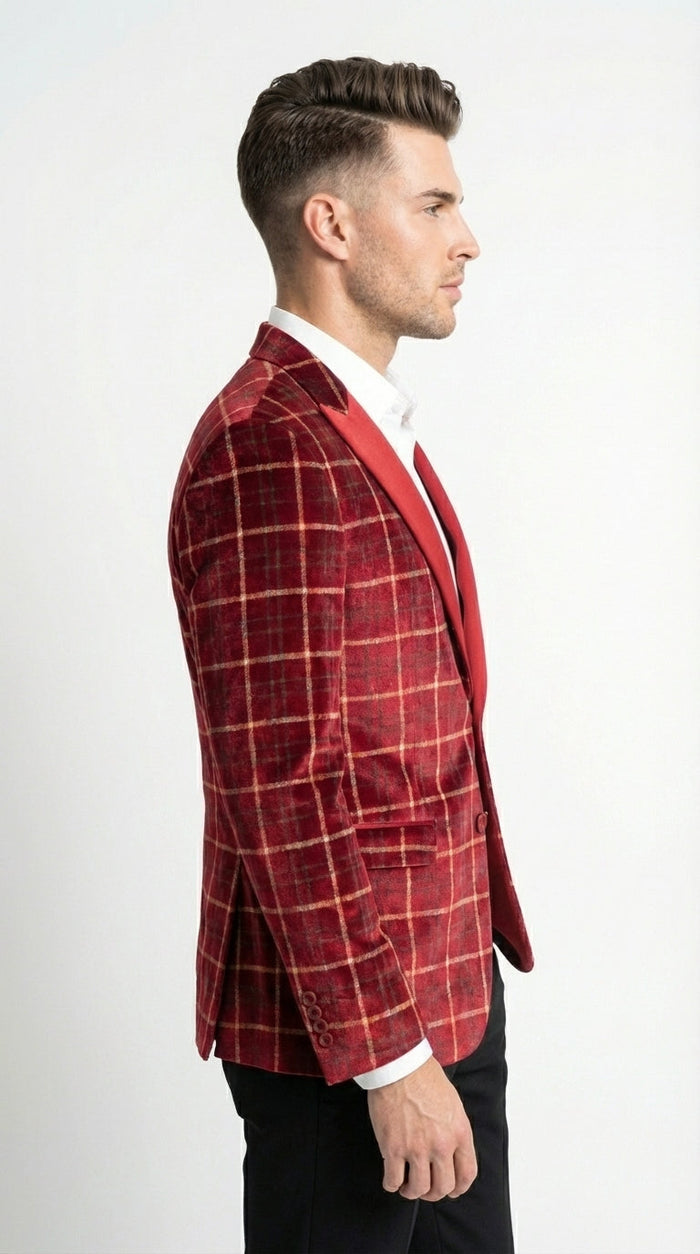 Mens Red Burgundy Plaid Blazer with Contrast Lapel – Velvet Fabric Check Prom Blazer Jacket for Party, Christmas New Year Holiday Jacket