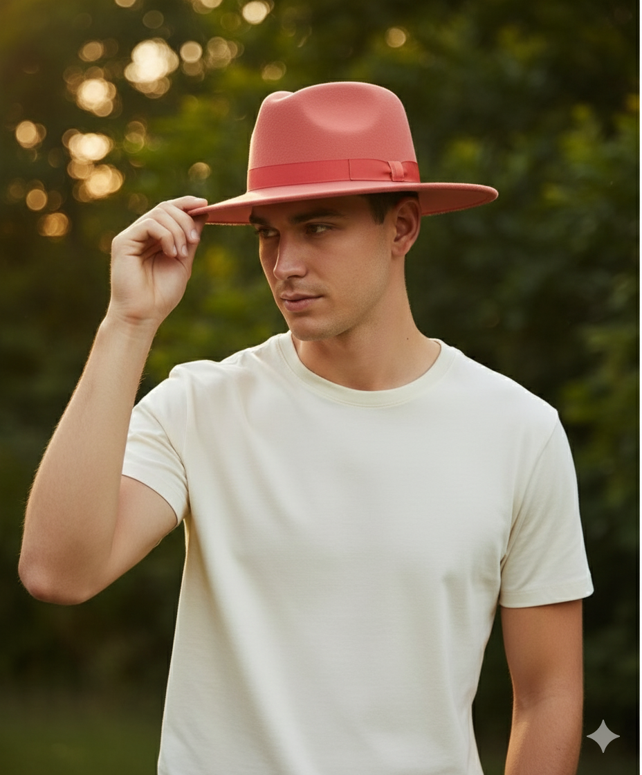Coral Pink Wool Felt Fedora with Red Ribbon