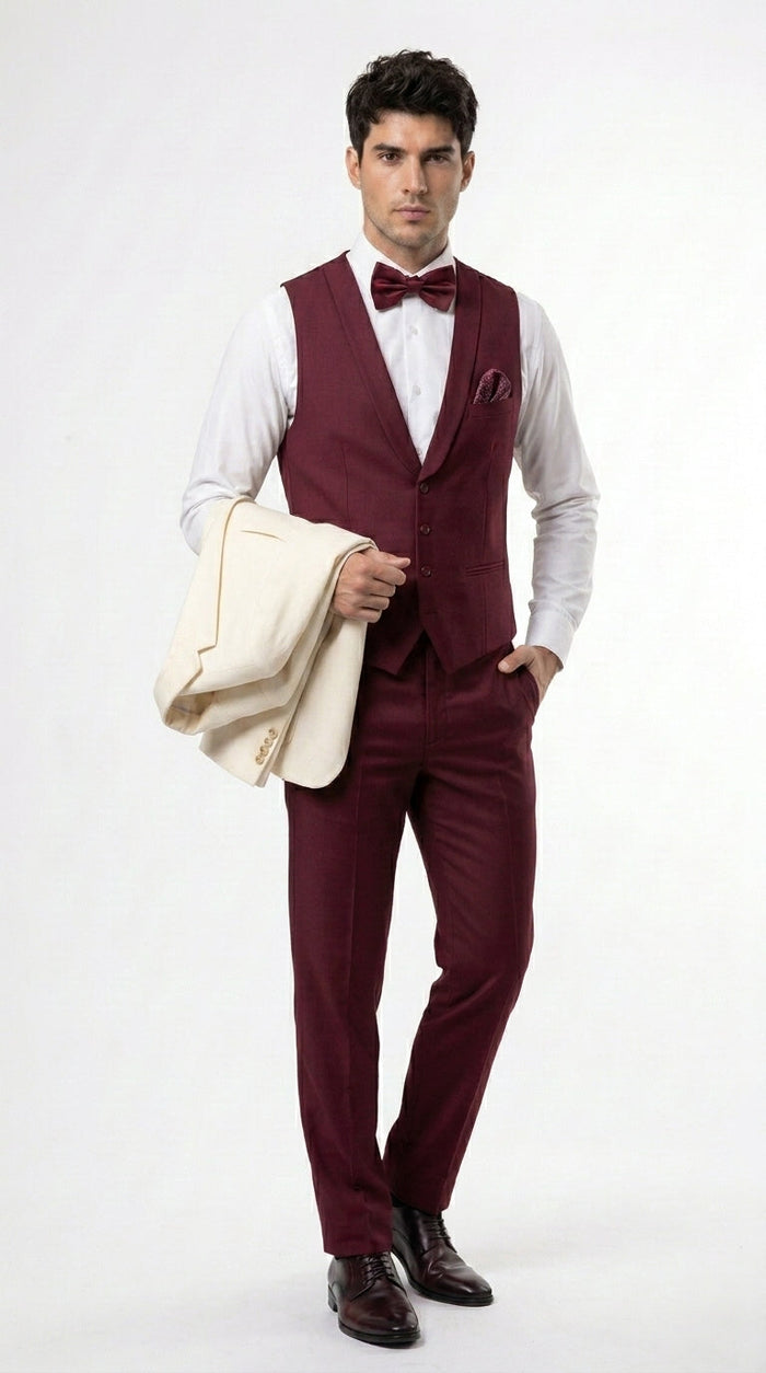 Men’s Cream Ivory and Burgundy 3 Piece Tuxedo Suit, Vested Formal Wedding Prom Dinner Suit in Cream Off White Color