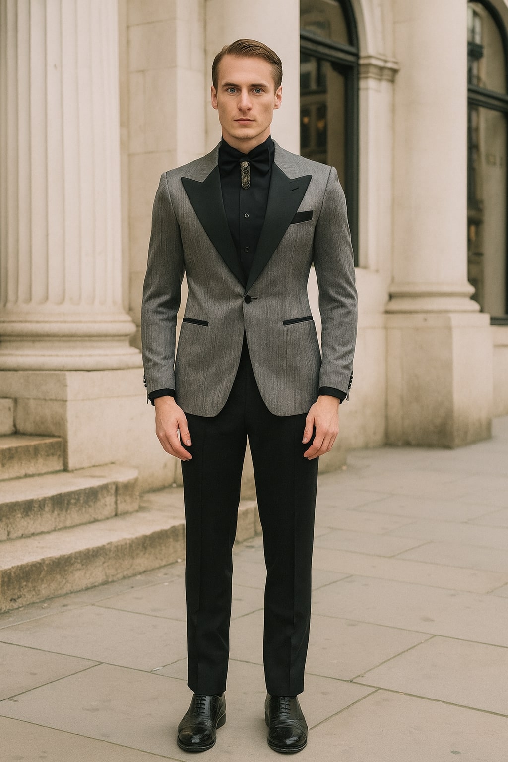 Silver Metallic Tuxedo Suit with Black Satin Peak Lapel – Mens Slim Fit Formal Wedding and Prom Attire in Charcoal Grey With Pants