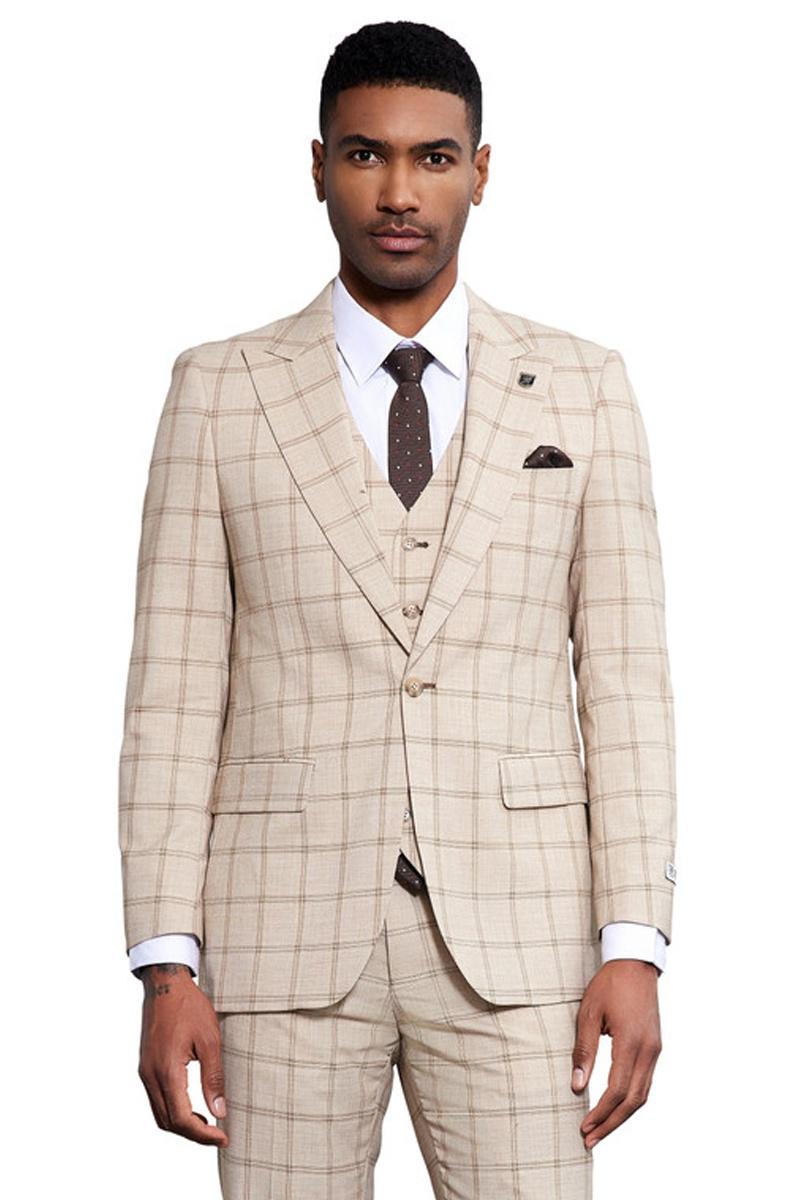 Stacy Adams One Button Windowpane Plaid Suit Tan
