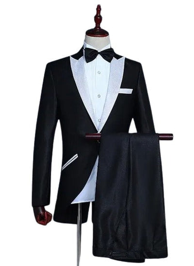 Men's Slim Fit Suit - Fitted Suit - Skinny Suit Men's Black Suit with White Peak Lapel and pick stitching