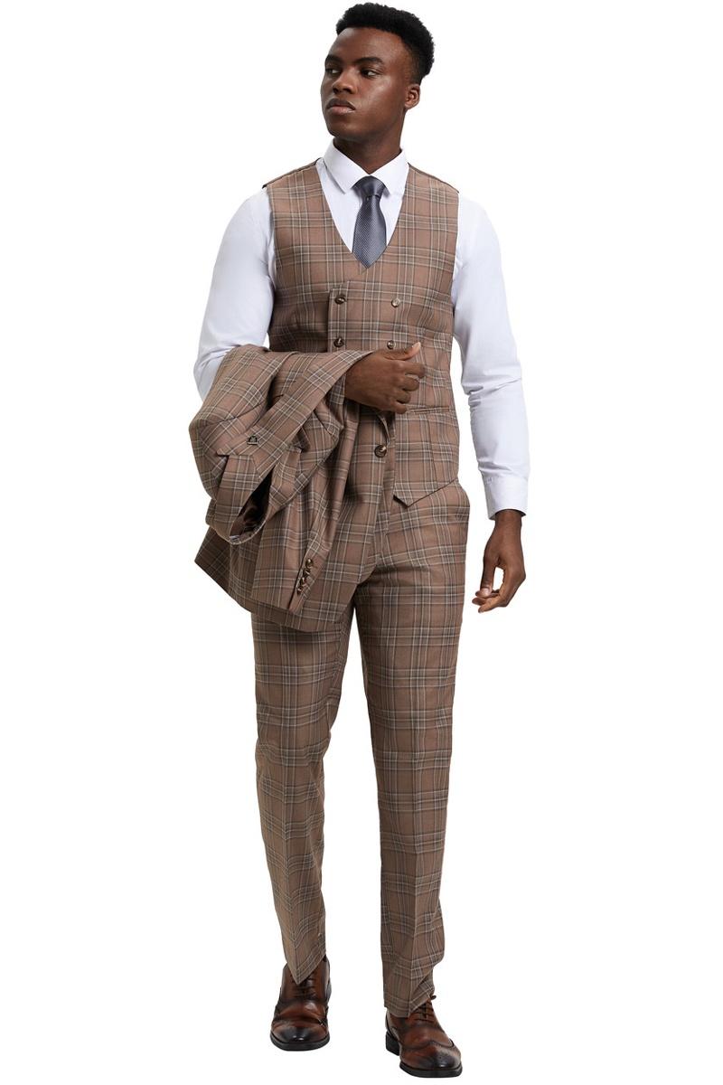 Stacy Adams Light Brown Plaid Peak Lapel Vest Suit