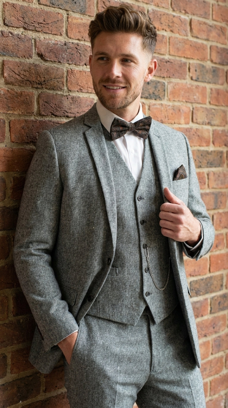 Men’s Grey Edwardian 3 Piece Suit – Vintage Victorian Wedding Suit with Vest Herringbone Tweed Fabric