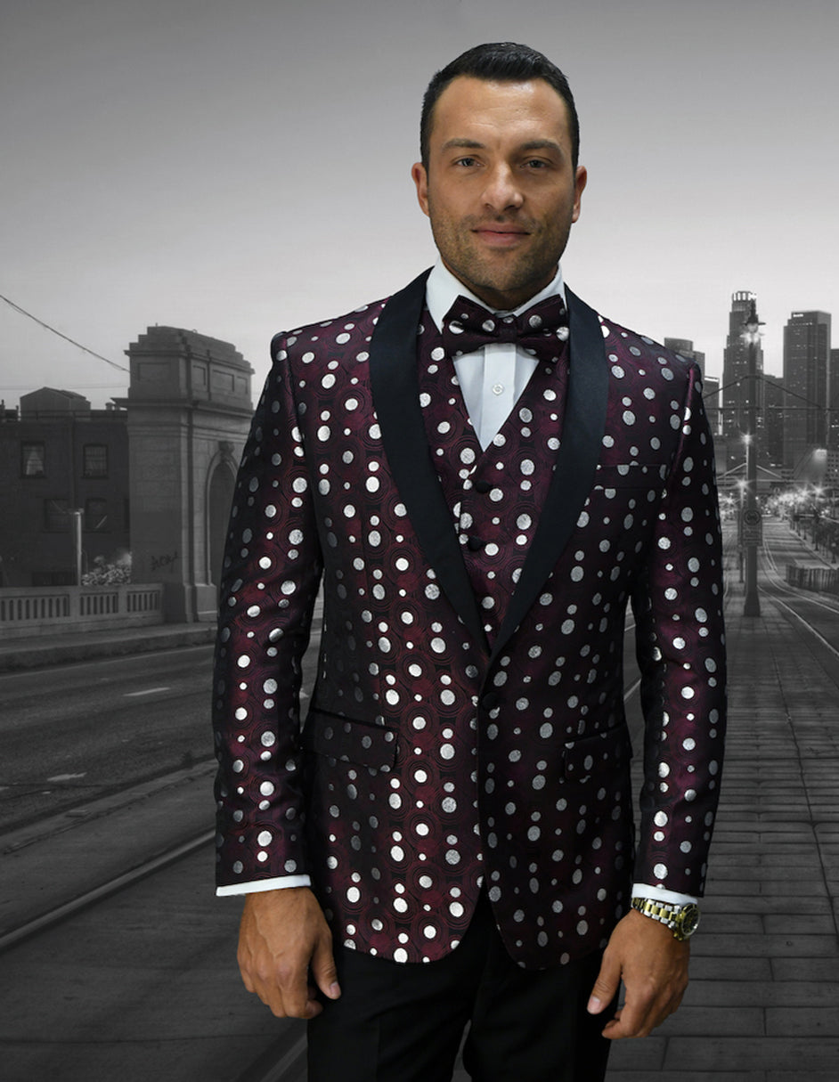 Burgundy Polka Dot Vested Tuxedo for Men