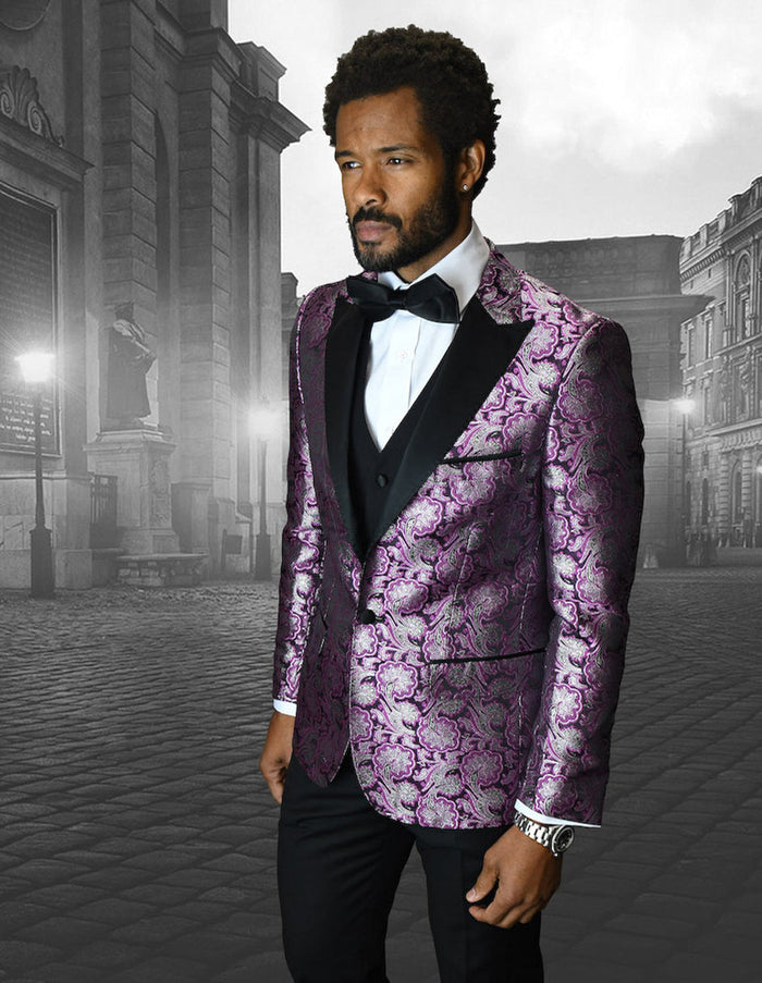 Vested Peak Lapel Floral Tuxedo in Fuschia