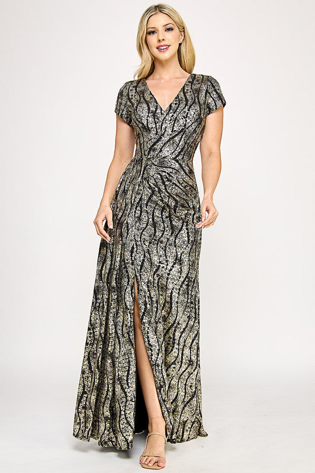 Sequin Glitter V-Neck Short Sleeve Gown with Front Slit and Low Back By Lenovia 5331