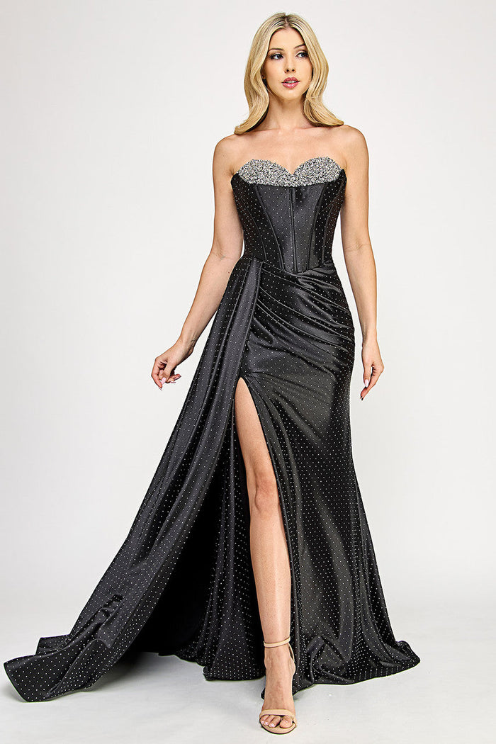 Strapless Corset Gown with Crystal Sweetheart Neckline and High Slit By Lenovia 8402