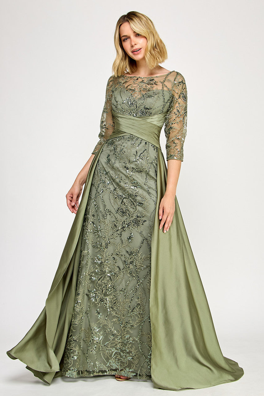 Lenovia 8355 Embroidered 3/4 Sleeve Sateen & Sequin Mother of the Bride Dress