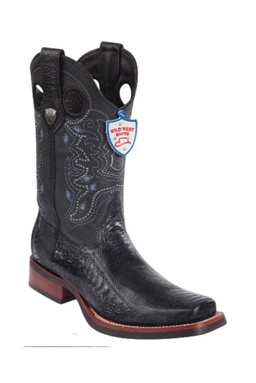 Wild West Ostrich Leg Square Toe Boots Black