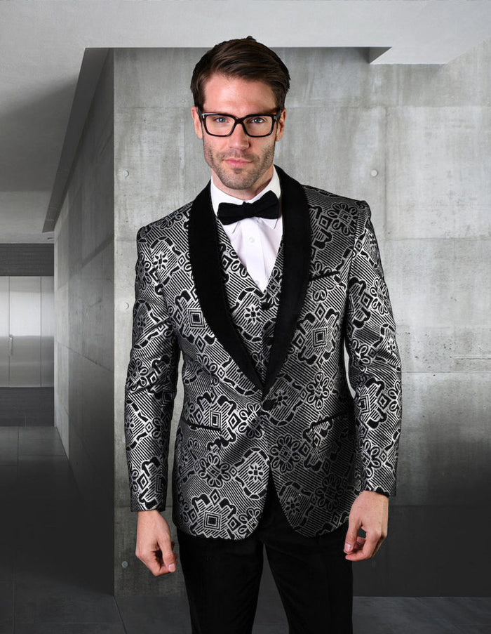 Geometric Print Black Prom Tuxedo - One Button, Vested