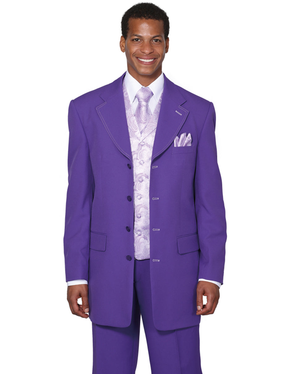 Men's 4 Button Wide Notch Lapel Purple Suit